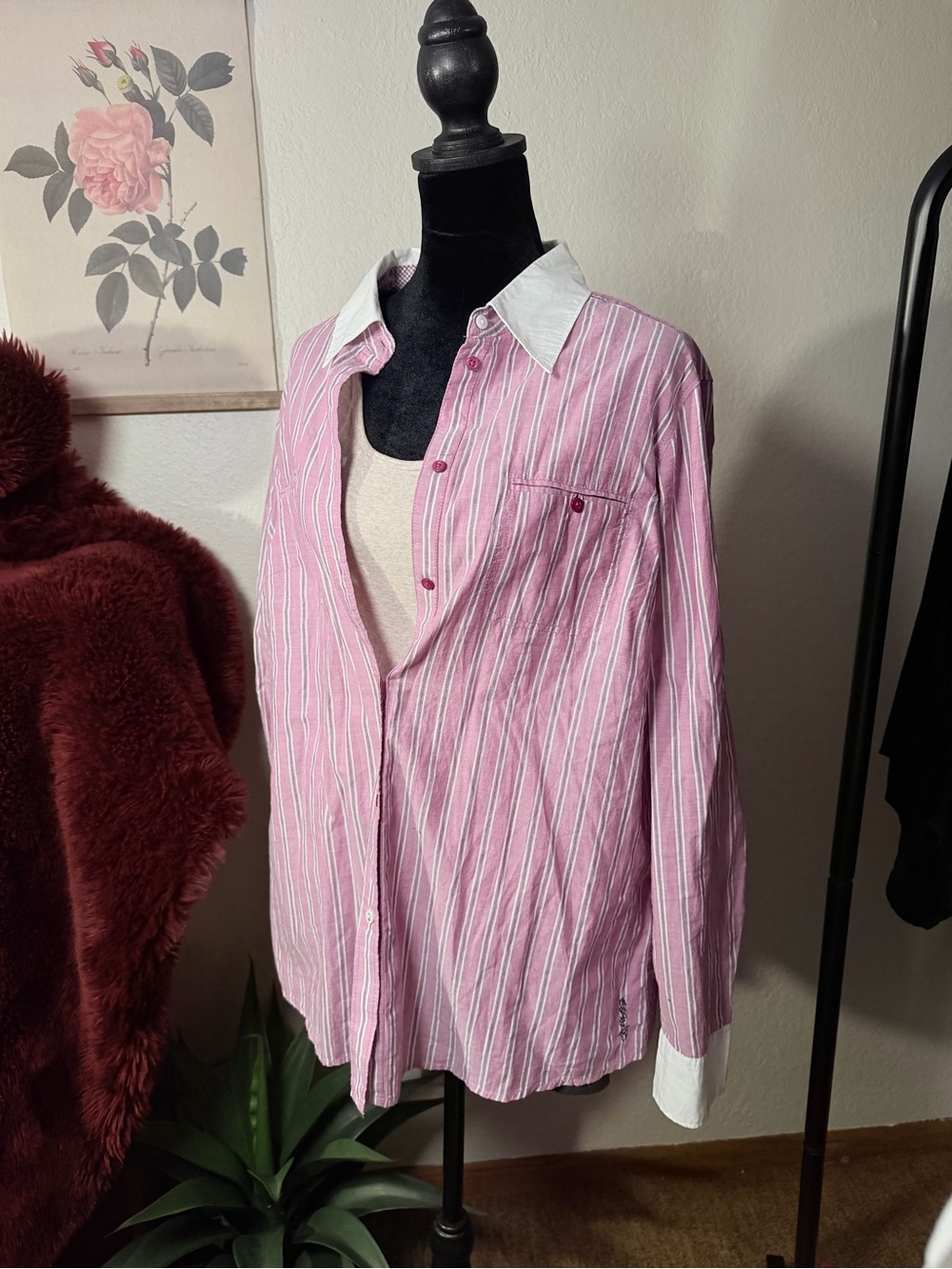 Espirit Pink Stripe Button-Up Shirt with White Collar